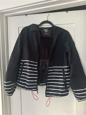 Vince Camuto Navy Striped Hooded Rain Jacket
